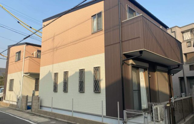 外壁塗装　MUGAzero　（1F）PX-742　（ｱｸｾﾝﾄ）PX-727　（2F）15-70H　屋根塗装　MUGAseven　PX-736　名古屋市中川区　施工事例　アートペインズ　プレマテックス　施工後